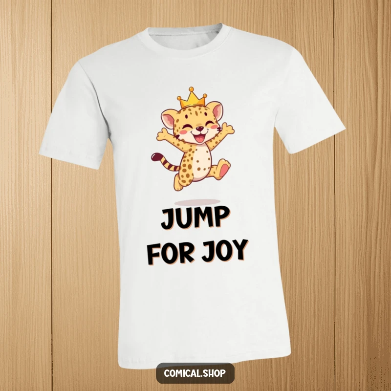 Funny cheetah cub t-shirt with a tiny crowned cub leaping joyfully, exuding pure happiness.