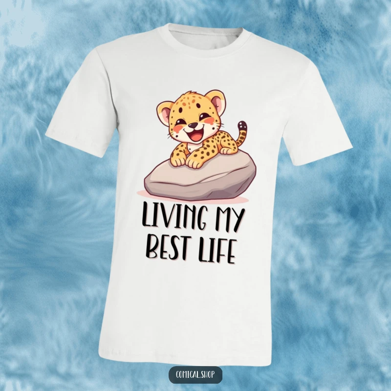 Funny t-shirt featuring a cheetah cub mid-slide down a rock, yelping with pure, unadulterated joy and excitement.