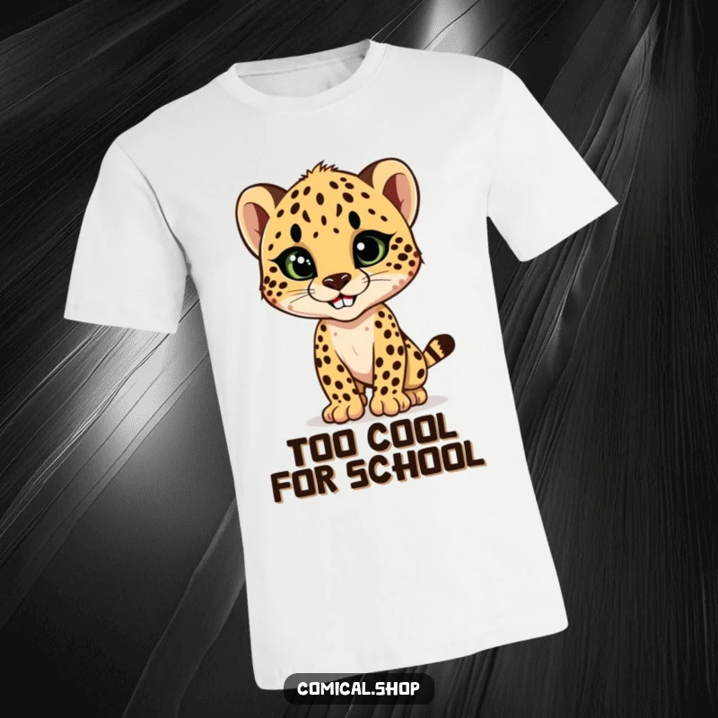 Funny cheetah cub striking a sleek, stylish pose with a confident grin, a fashionable and humorous design for a t-shirt.