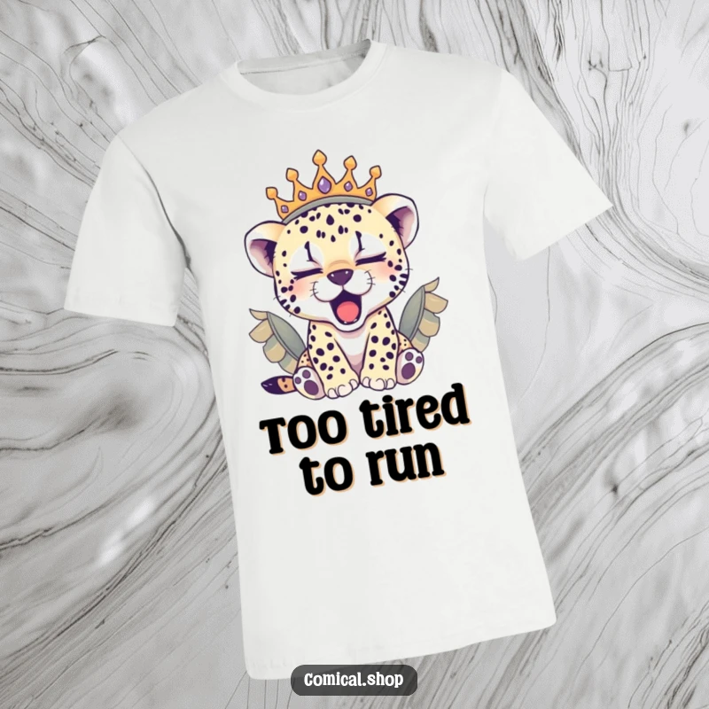 Funny sleepy cheetah cub in a majestic feathered crown yawning, a cozy and funny t-shirt gift.