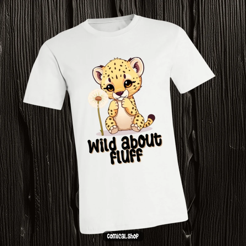 Funny t-shirt with a cheetah cub playfully batting at a fluffy dandelion, showcasing adorable animal antics and lighthearted fun.