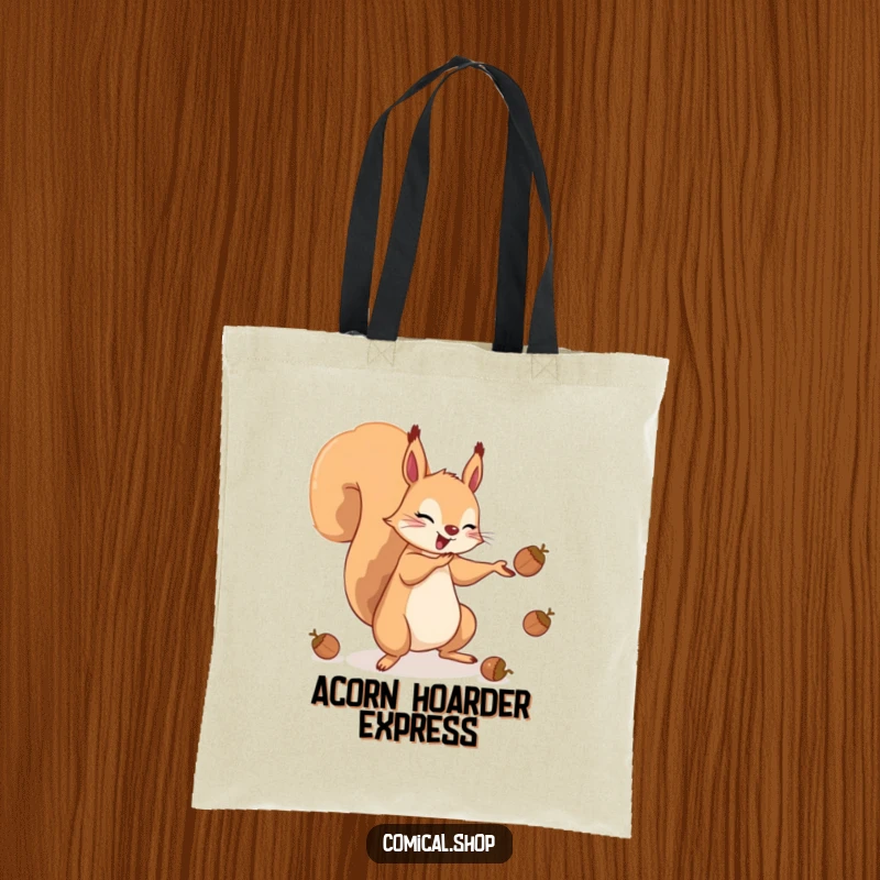 Funny tote bag illustration of a cute squirrel juggling acorns with its tail, a whimsical and eye-catching accessory.