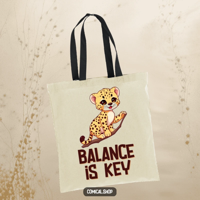 Funny Cheetah Cub Tote Bag: Cute spotted cub balances elegantly on a thin branch, ready for errands or jungle treks.
