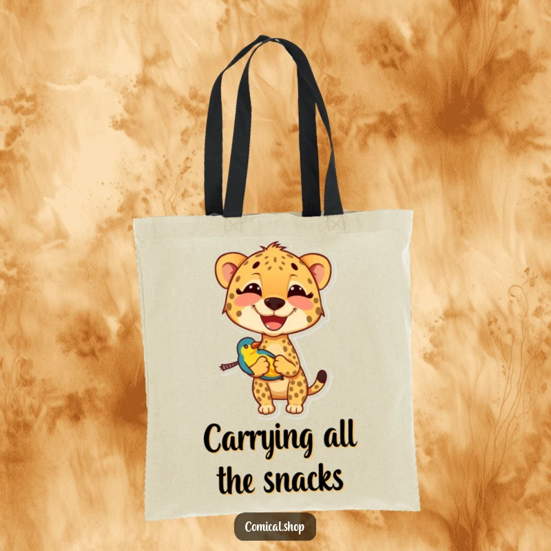 Funny cheetah tote bag vividly illustrated with a smiling cheetah carrying a small, colorful bird, showcasing a delightful animal friendship.