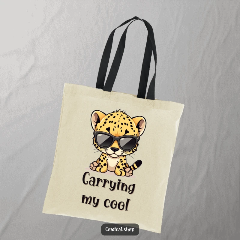 Funny cheetah cub tote bag featuring a cool cub wearing oversized sunglasses, perfect for shopping and daily use.