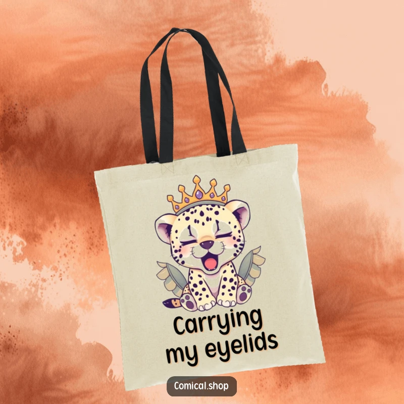 Funny sleepy cheetah cub in a feathered crown yawning, this tote bag is a cute and funny gift.