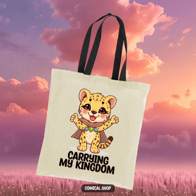 Funny cheetah cub in a shiny sequined cape striking a proud, triumphant pose, this tote bag is a heroic gift.