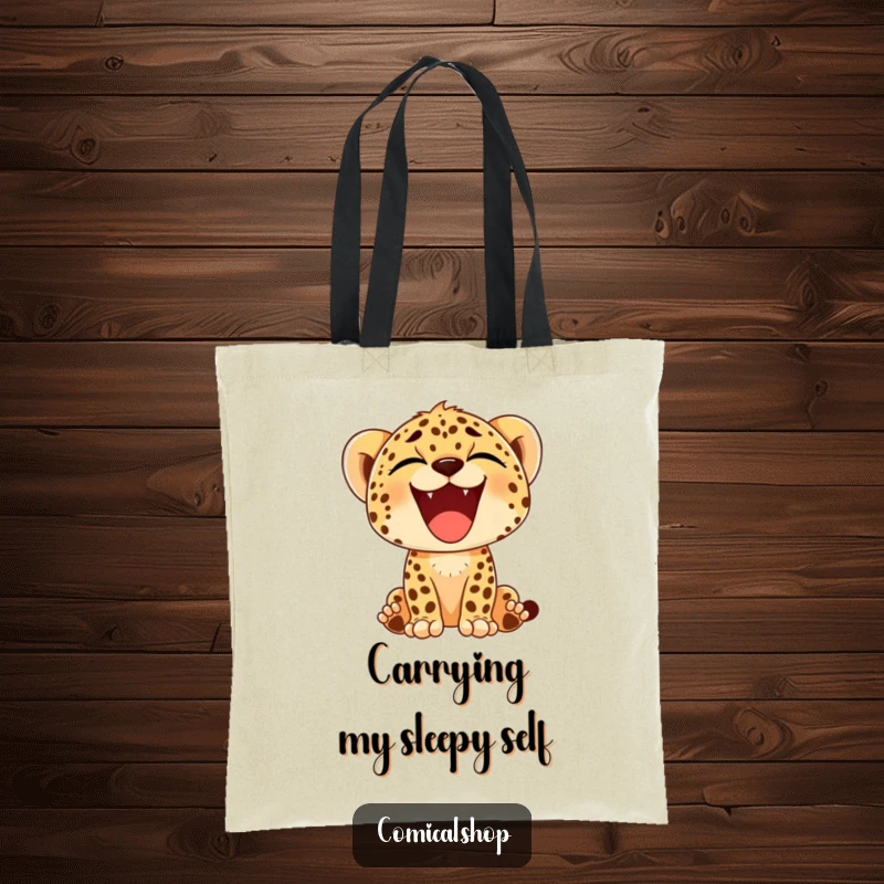 Funny tote bag with a cheetah cub displaying a massive, wide, happy yawn, exuding a sense of contentment and playfulness.