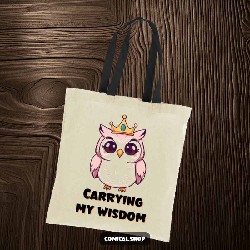 Funny Owl Crown Tote Bag with a giggling owl wearing a small crown, peering curiously, ideal for shopping.