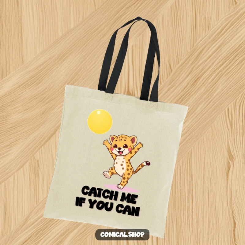 Funny cheetah cub tote bag, mid-cartwheel under a sunny sky, packed with personality and playful energy for a humorous accessory.