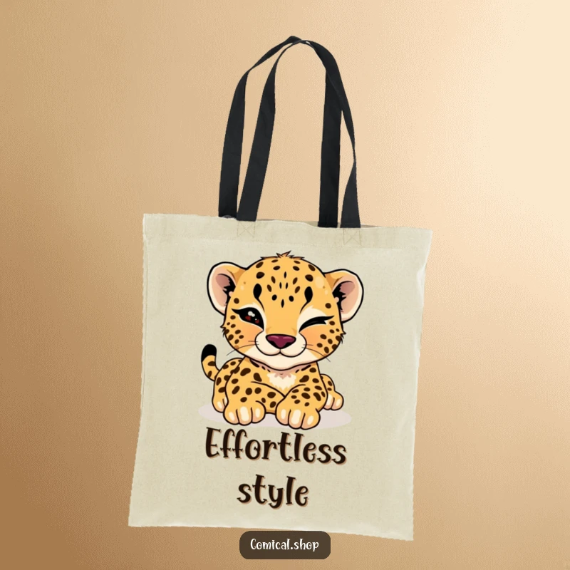 Funny cheetah cub tote bag featuring a cool cub giving a wink while stretching, perfect for carrying essentials with style.