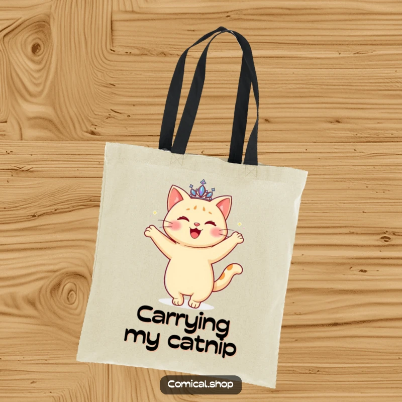 Funny Cat Tiara Tote Bag featuring a happy cat with a sparkling tiara, doing a graceful twirl, ideal for shopping.