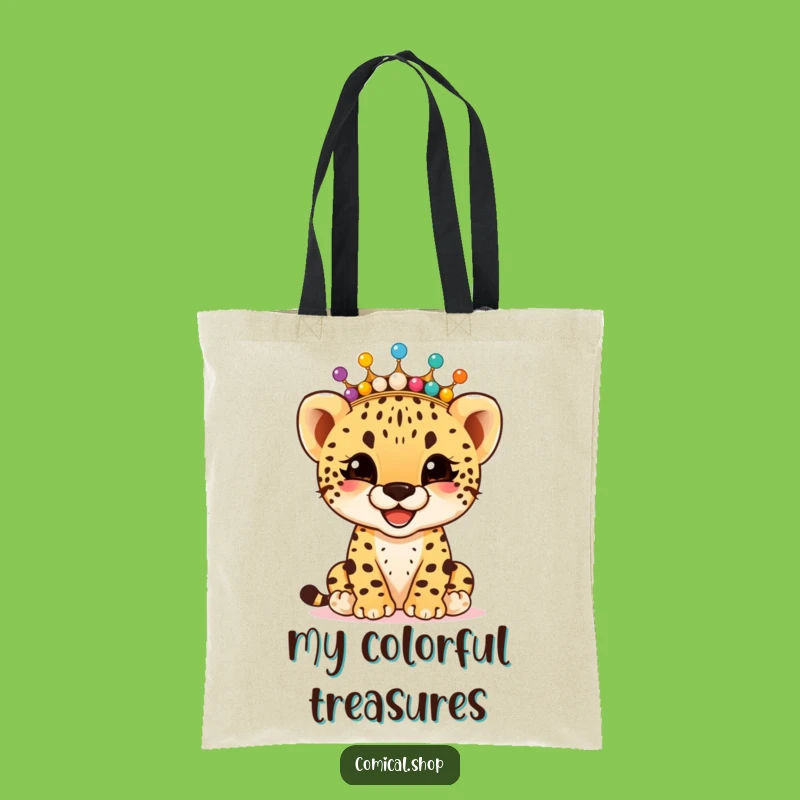 Funny Cheetah Cub Bead Crown Tote Bag: Giggling Joy Carrier, Perfect Funny Gift