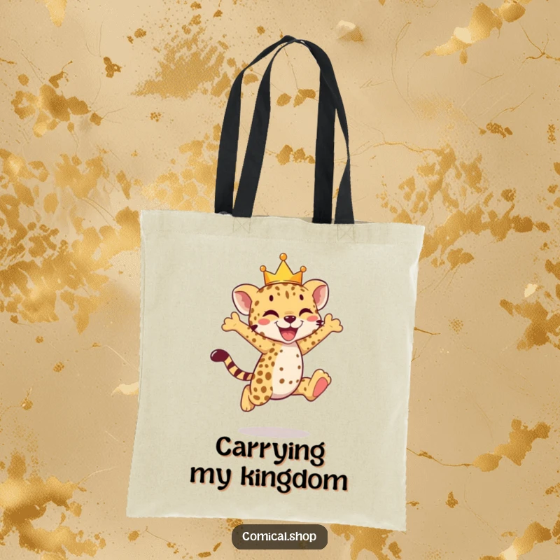 Funny cheetah cub tote bag with a tiny crowned cub in a joyful leap, ready for adventure.
