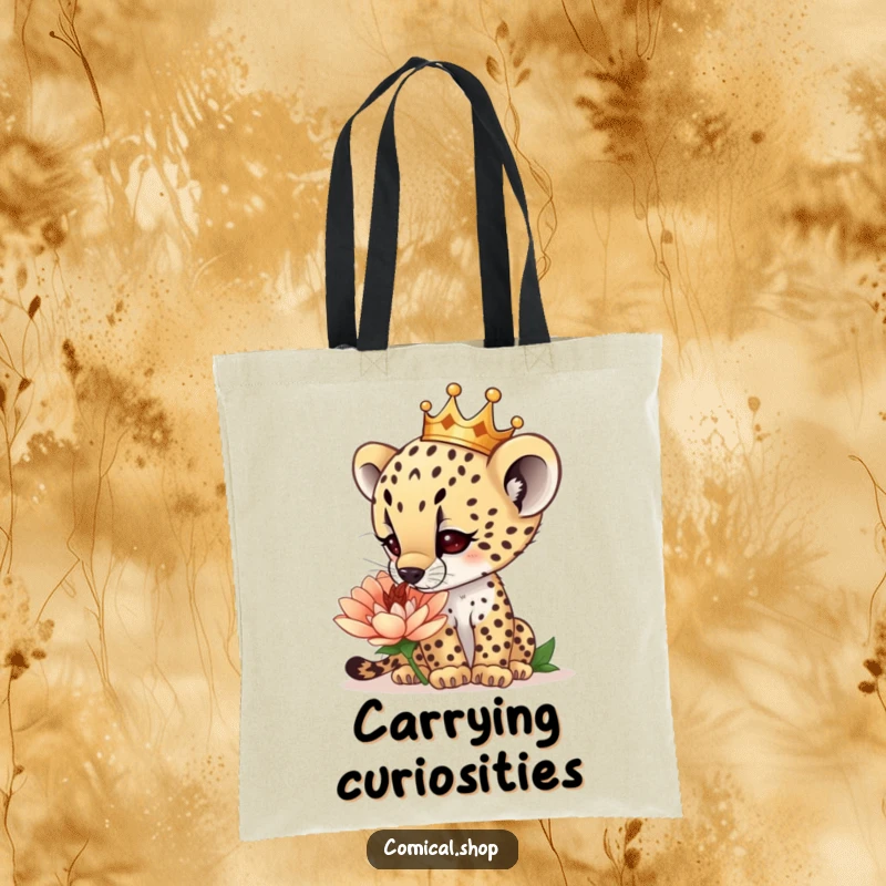 Funny curious cheetah cub wearing a tiny crown, sniffing a giant flower, on a sturdy tote bag, carrying nature’s wonders, a funny gift.