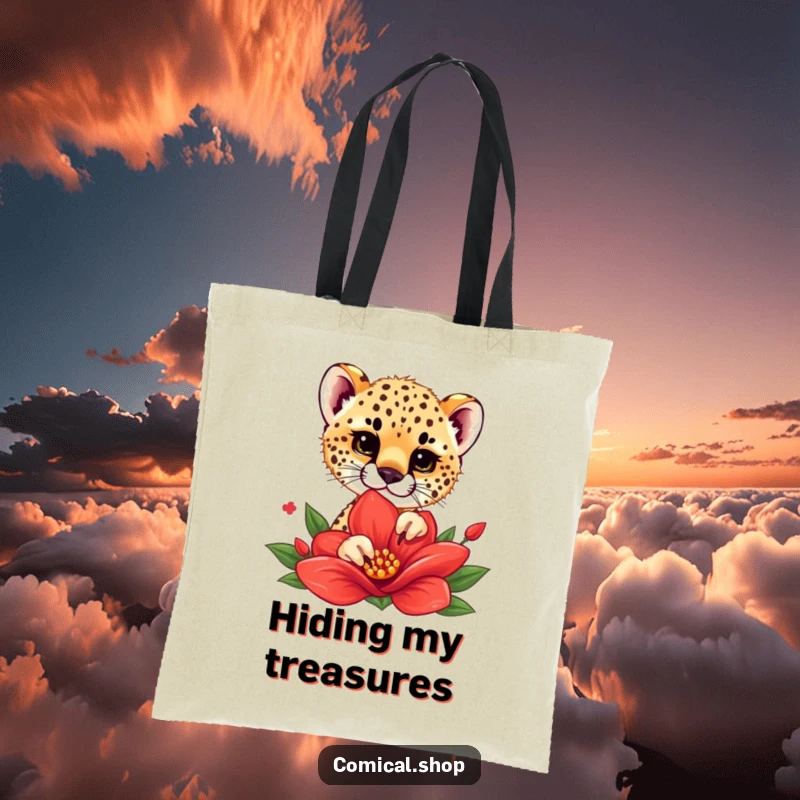 Funny tote bag featuring a cheetah cub playfully peeking from behind a red flower, perfect for carrying essentials with a touch of whimsy.