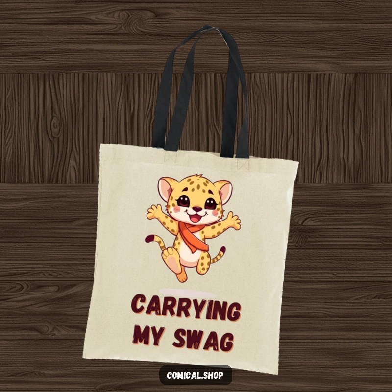 Funny happy cheetah cub wearing a sash, mid-graceful leap, on a sturdy tote bag, carrying joy and style, a funny gift.
