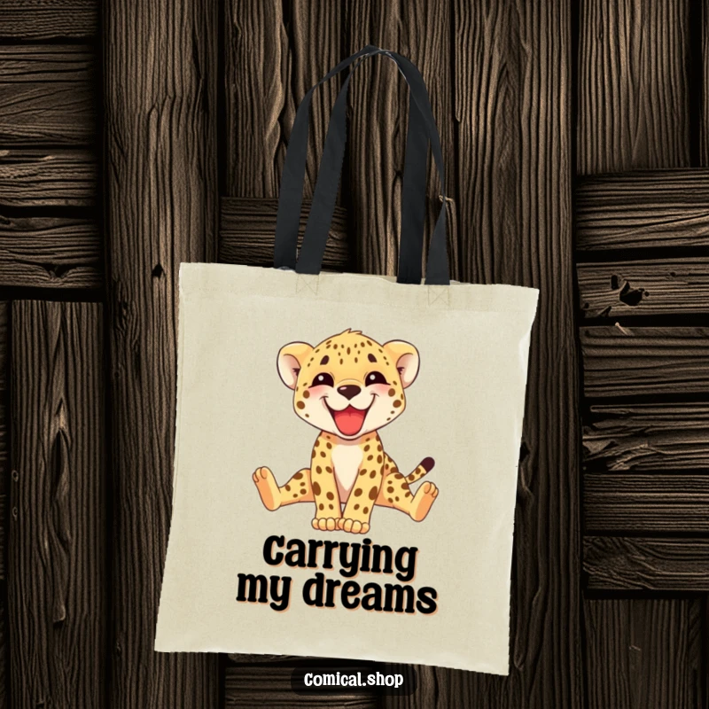 Funny cheetah cub tote bag with a grinning cub stretching its long legs, perfect for shopping or daily use. A cute gift.