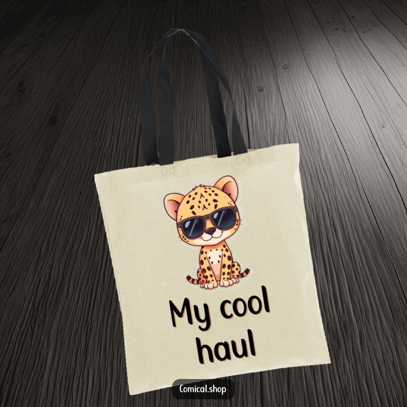Funny kawaii cheetah wearing sunglasses, posing confidently on a tote bag, ideal for shoppers.