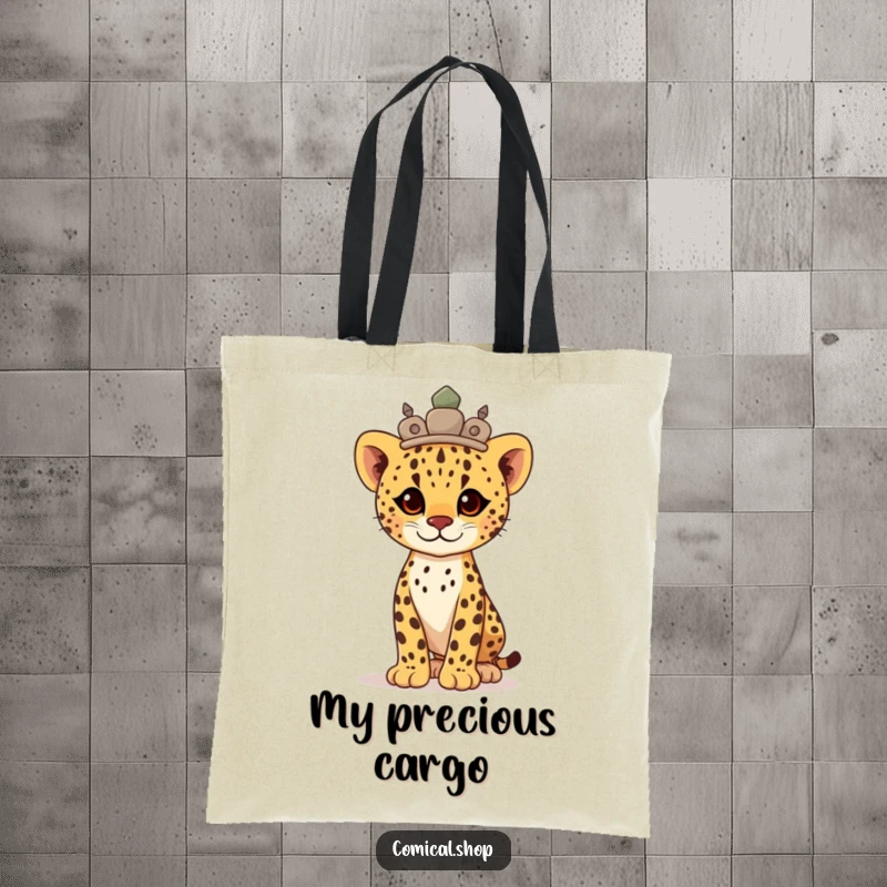 Funny proud cheetah cub wearing a stone crown, standing tall, this tote bag is a symbol of strength.