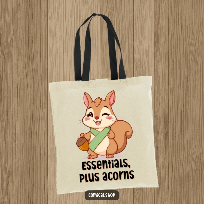Funny Squirrel Sash Tote Bag with a cheerful squirrel wearing a sash, holding a shiny acorn, ideal for shopping.