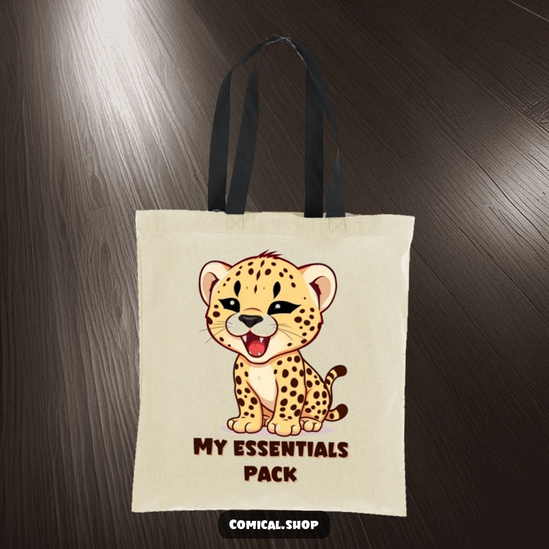 Funny tote bag with a cheetah cub practicing its roar with a tiny, fierce expression, perfect for carrying items with humor.