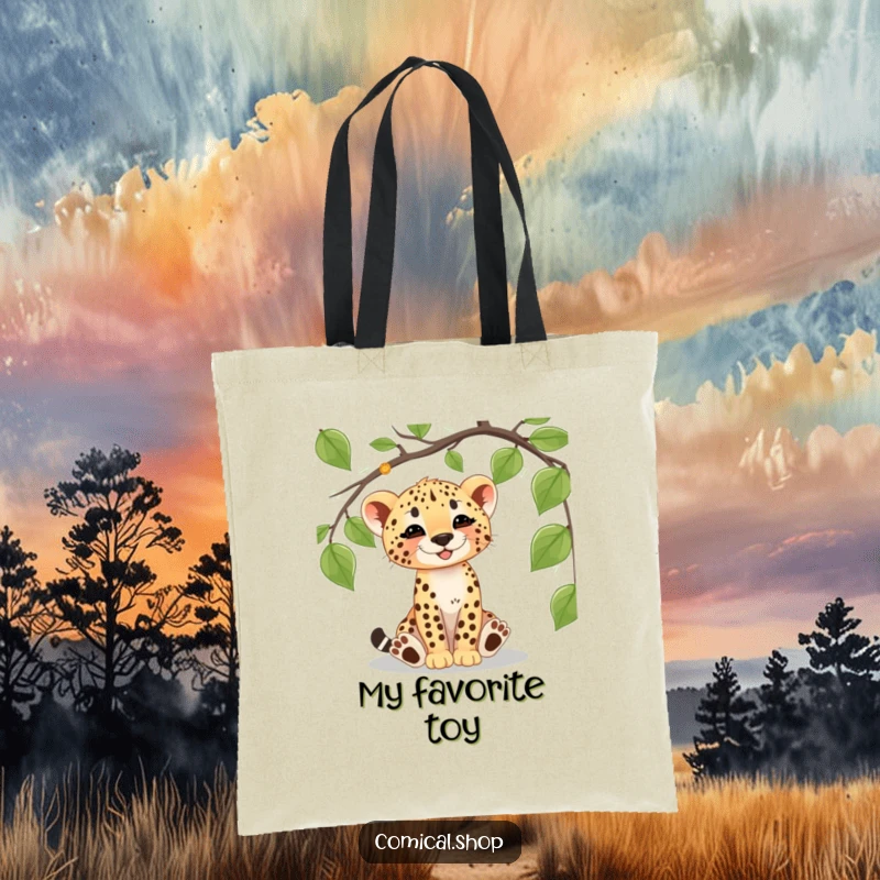 Funny cheetah cub tote bag featuring a playful cub batting at a vine, perfect for carrying essentials with a wild flair.
