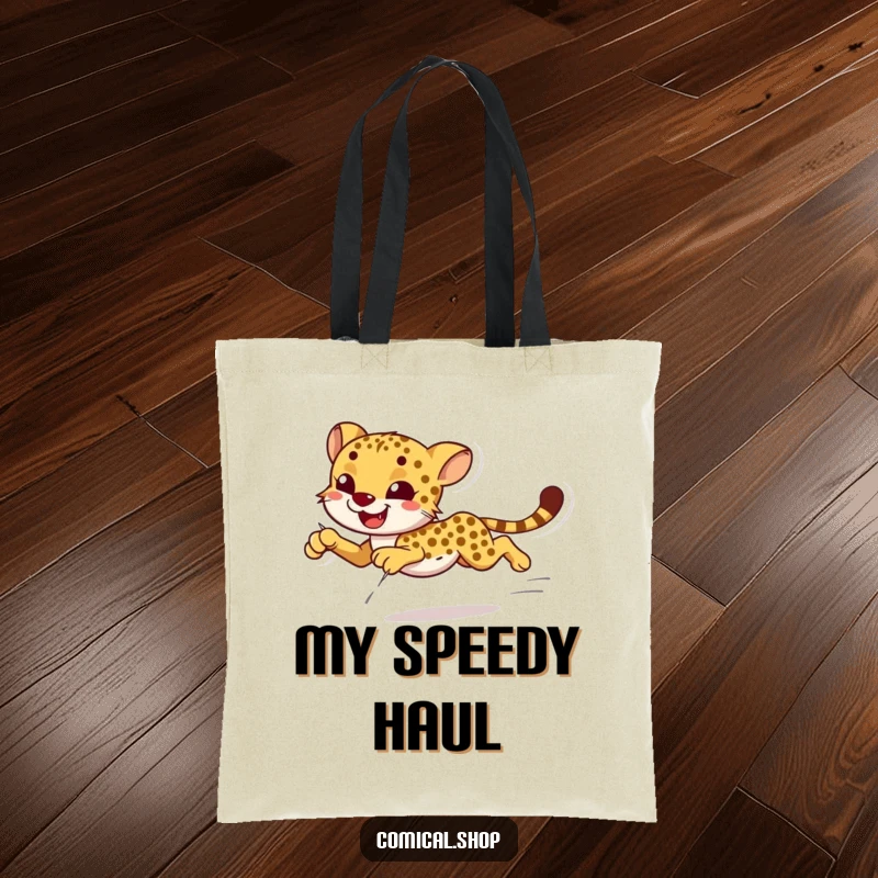 Funny smiling cheetah sprinting with effortless grace on a tote bag, ideal for shoppers.