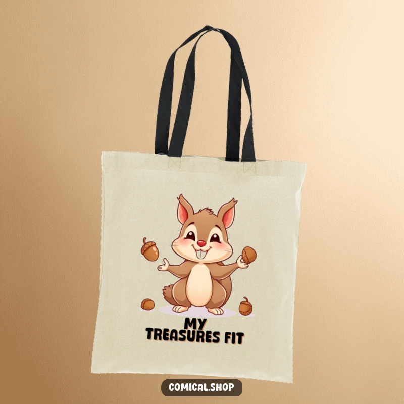 Funny tote bag showing a happy squirrel juggling a collection of acorns, perfect for carrying daily items with flair.