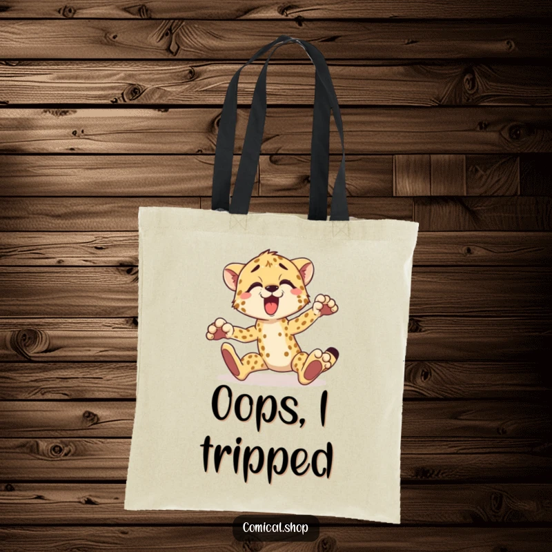 Funny cheetah tote bag depicting a surprised cheetah tripping over its paws, perfect for shopping and daily use.