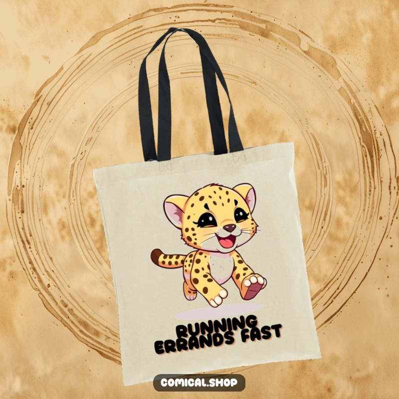 Funny cheetah cub with joyful motion streaks running on a tote bag, showcasing vibrant energy for screen readers.