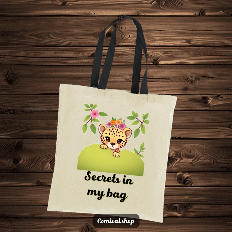 Funny mischievous cheetah cub peeking with a floral crown, this tote bag is a cute and funny gift.